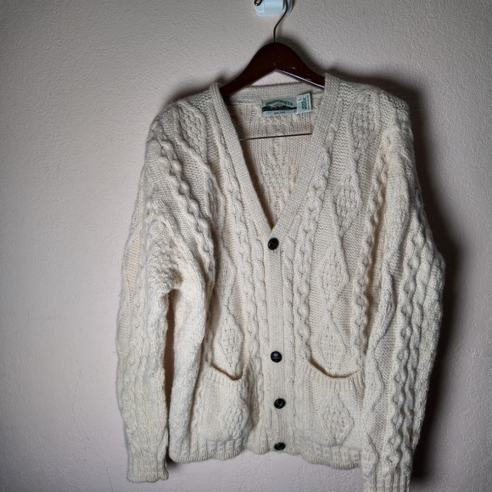 Men's Vintage Aran Crafts Knit Sweater Cardigan White Wool Size‎ L Large *READ*